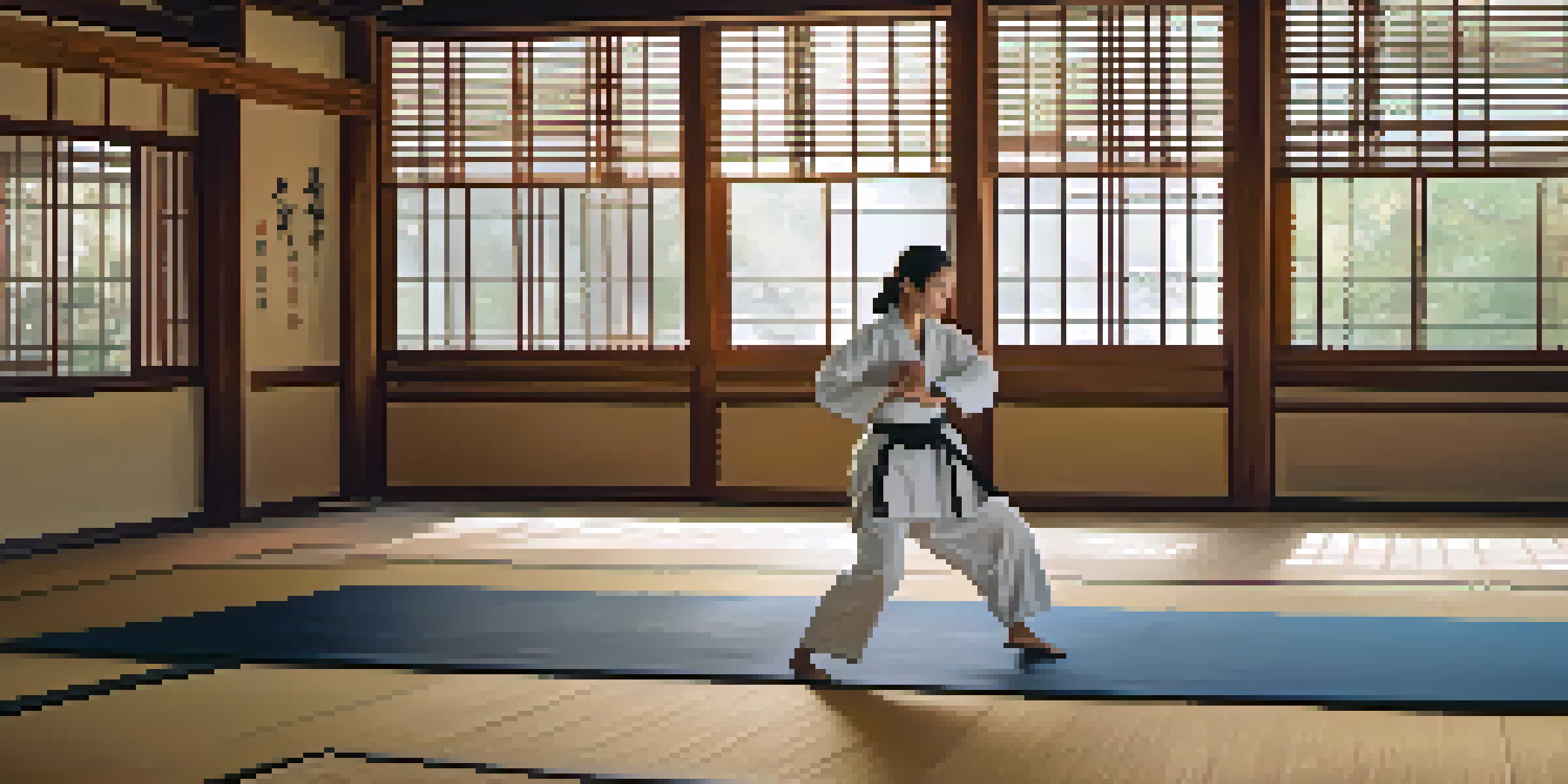 A confident woman practicing self-defense techniques in a traditional dojo, mid-movement with a backdrop of soft sunlight.