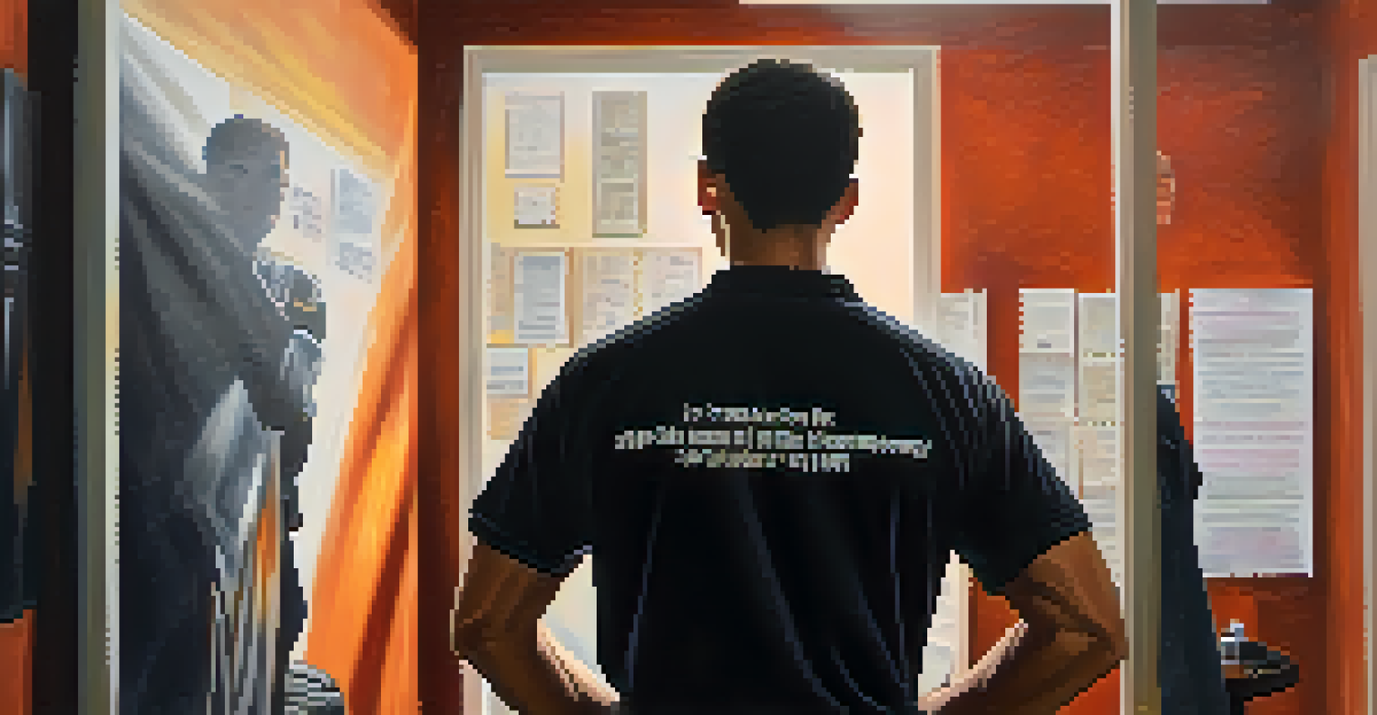 A person visualizing success for self-defense in a quiet room, standing confidently in front of a mirror with motivational posters on the walls.