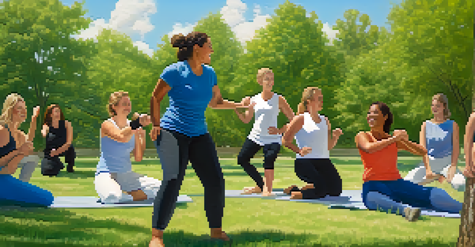 An instructor leading a self-defense workshop outdoors in a park, with women practicing techniques and engaging in a supportive environment.