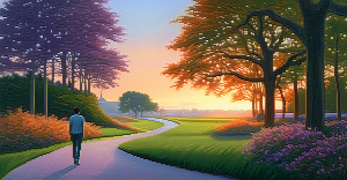 A person walking through a park at dusk, looking alert and aware of their surroundings, with a colorful sunset in the background.
