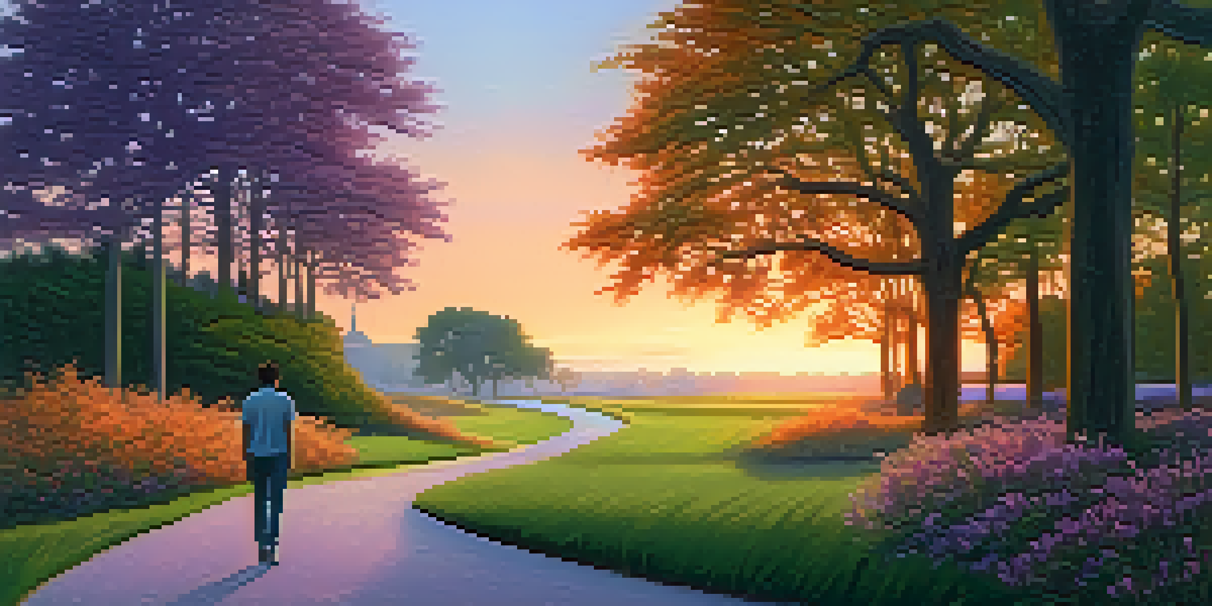 A person walking through a park at dusk, looking alert and aware of their surroundings, with a colorful sunset in the background.