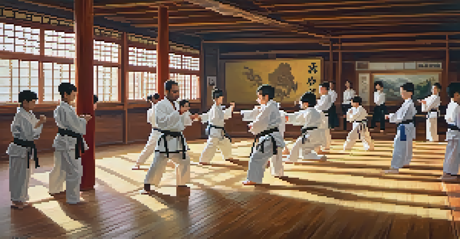 A lively martial arts class with students collaborating and learning from each other under the guidance of an instructor.