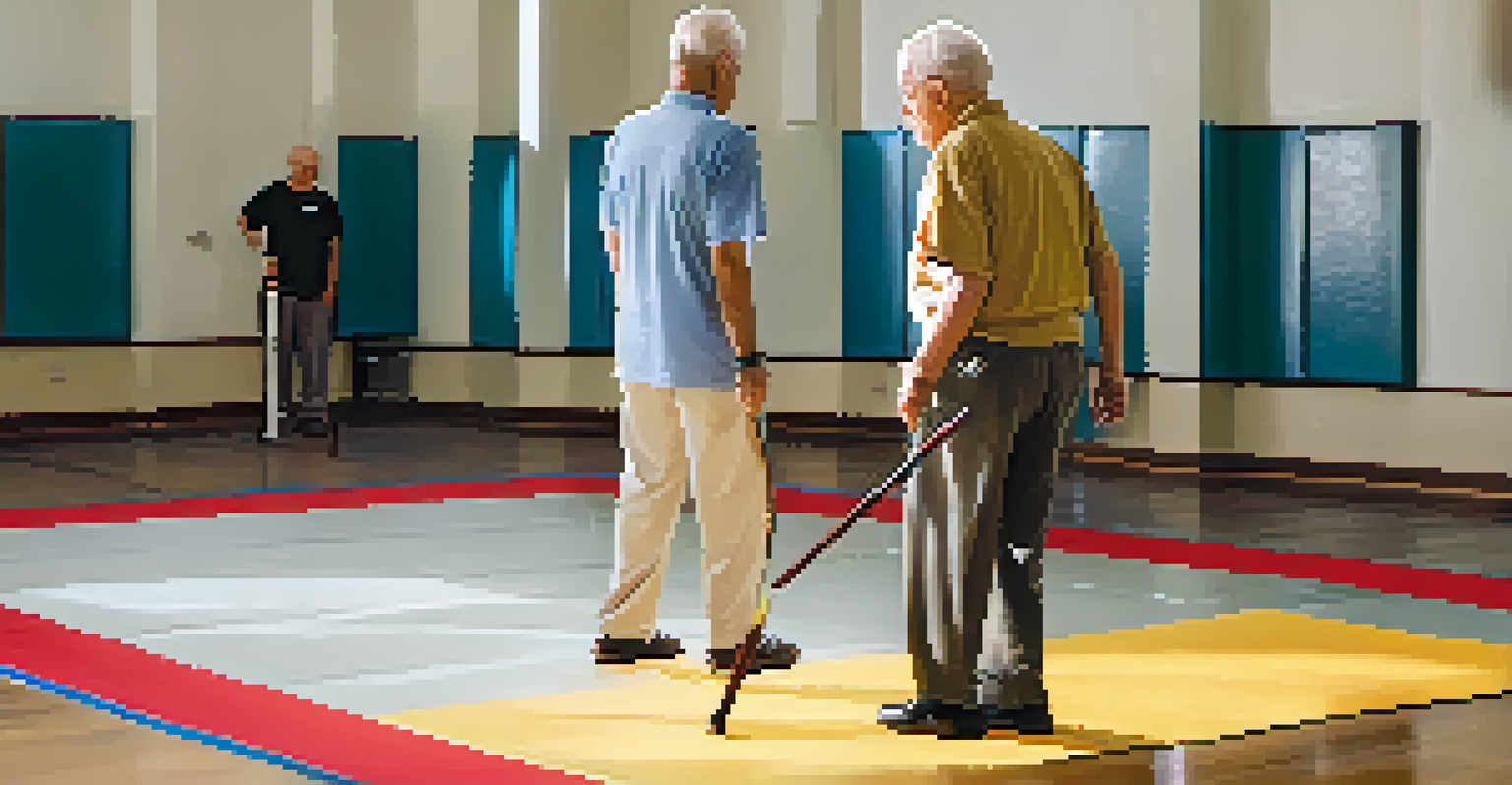 An elderly man practices self-defense with a walking cane in a bright community center, showing focus and determination.