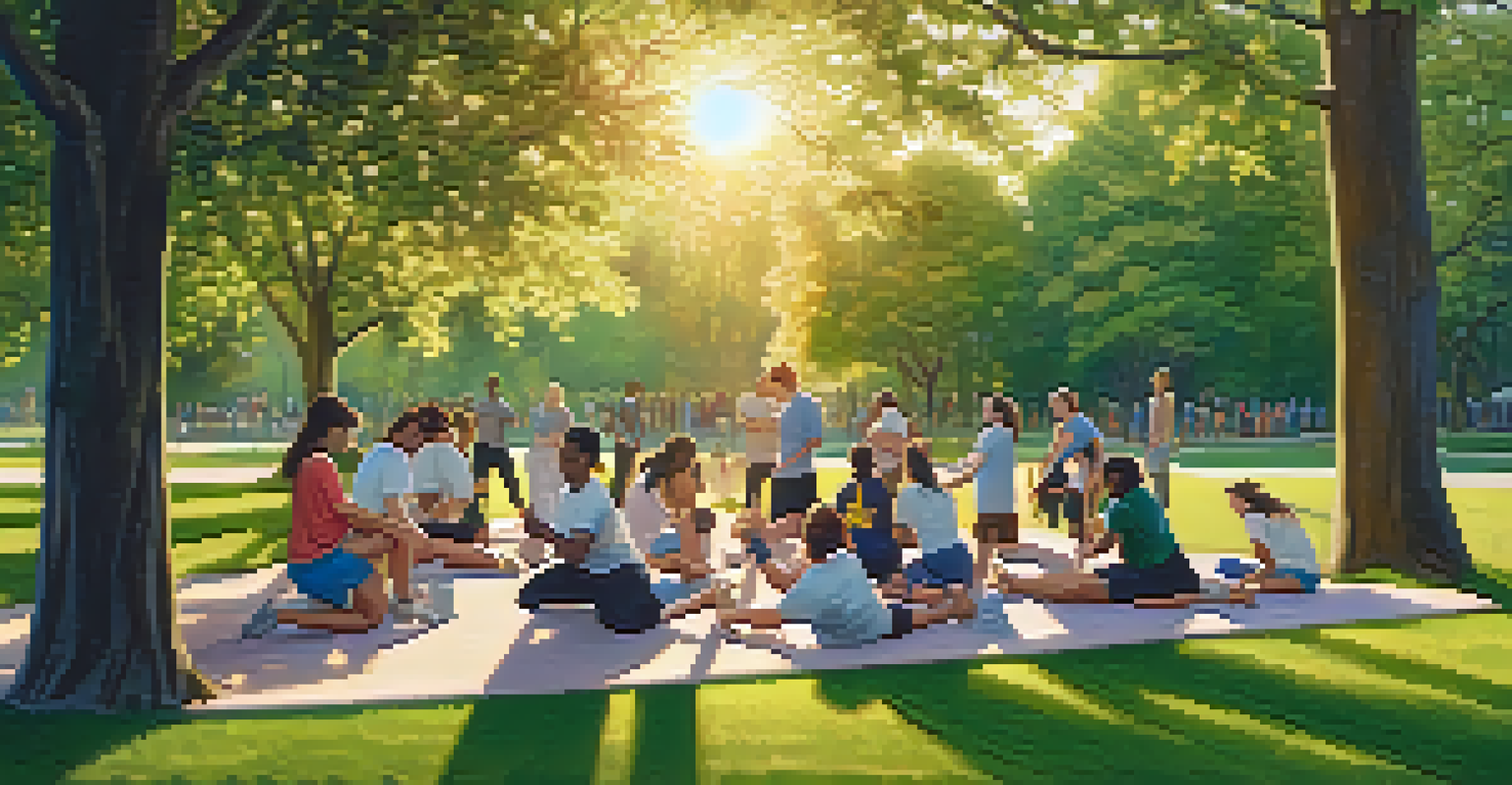 A group of friends training in self-defense outdoors in a park during sunset, surrounded by nature.