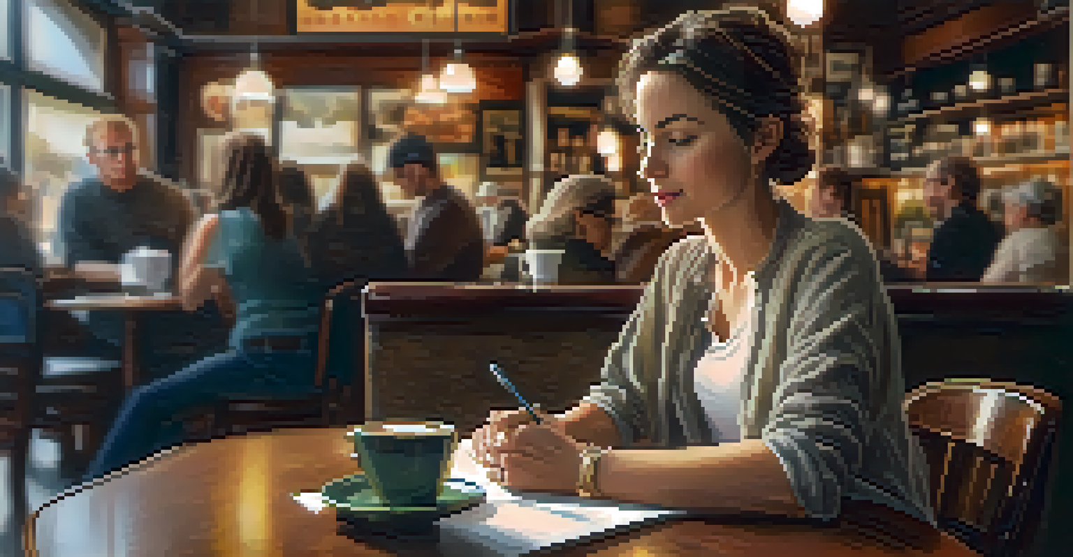A woman enjoying her personal space at a cafe, writing with a warm cup of coffee, while others chat in the background.