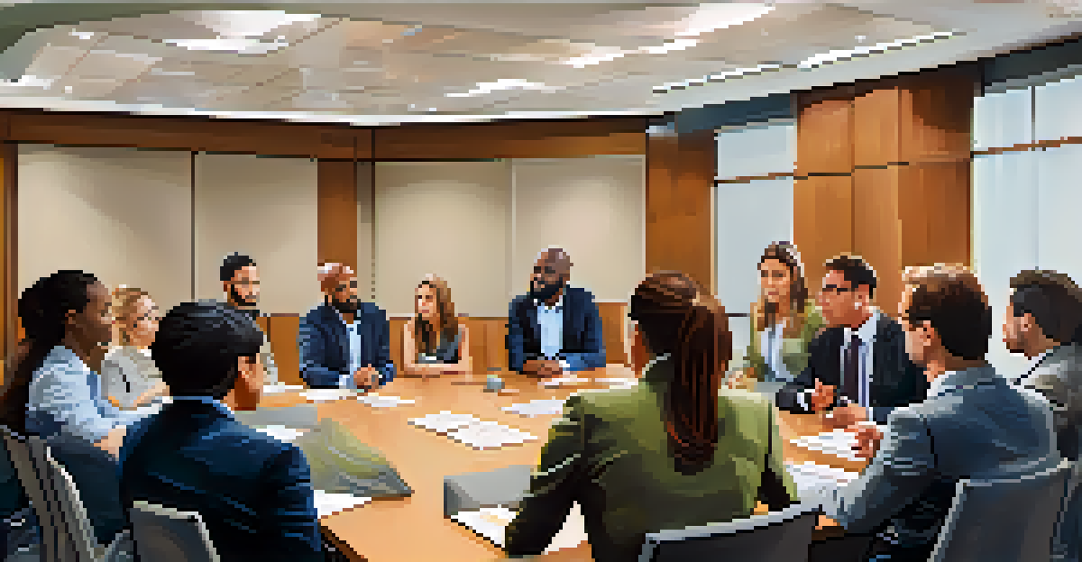 A diverse group of crisis negotiators engaged in a training session, practicing empathetic responses in a modern conference room.