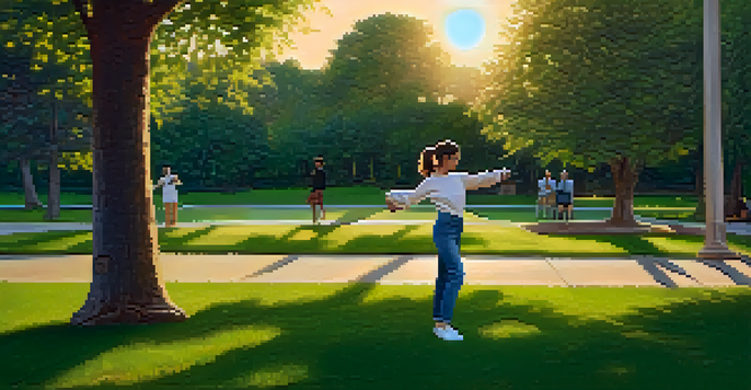 An individual practicing a self-defense move in a park during sunset, with trees and grass in the background.