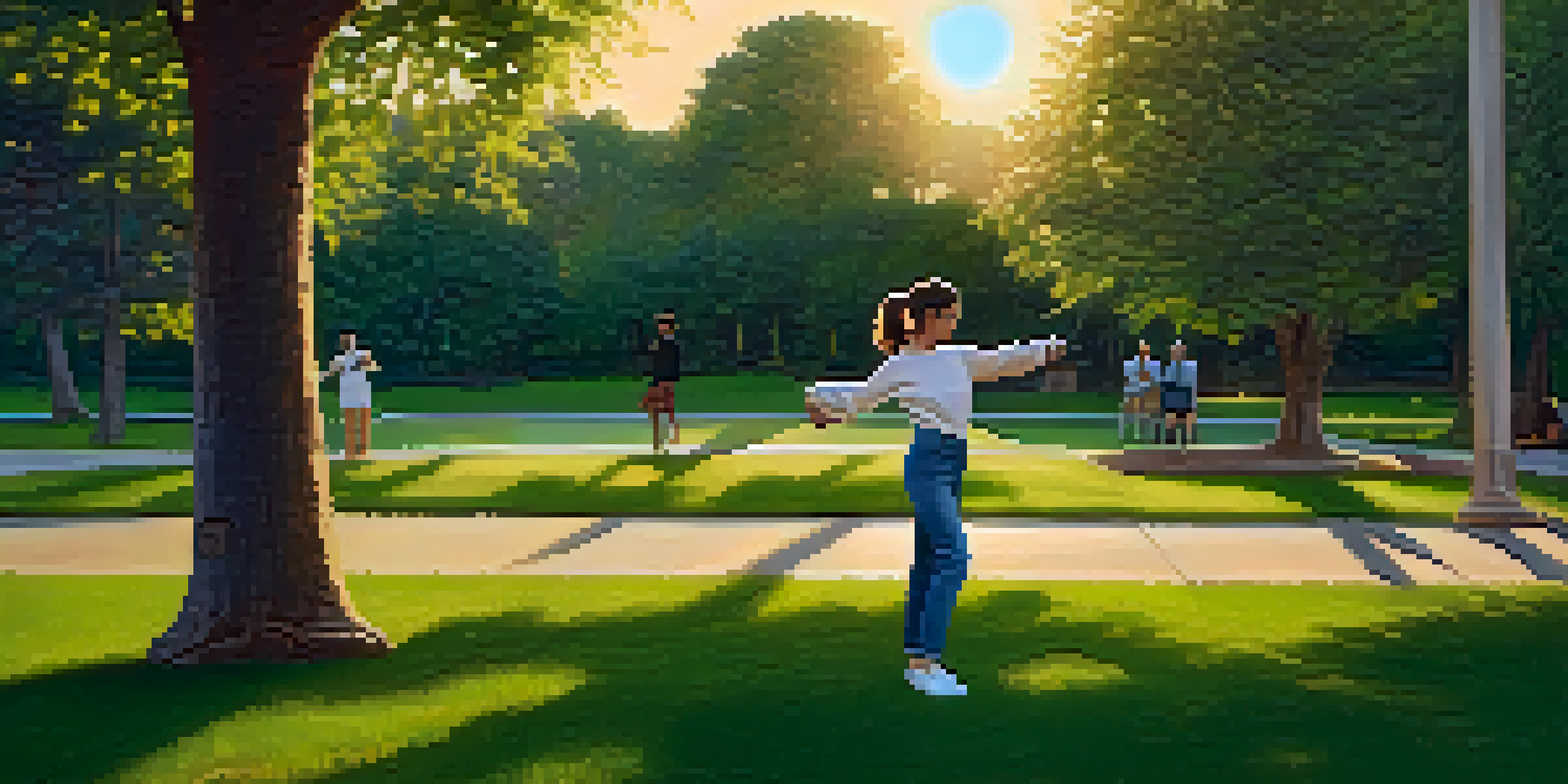 An individual practicing a self-defense move in a park during sunset, with trees and grass in the background.