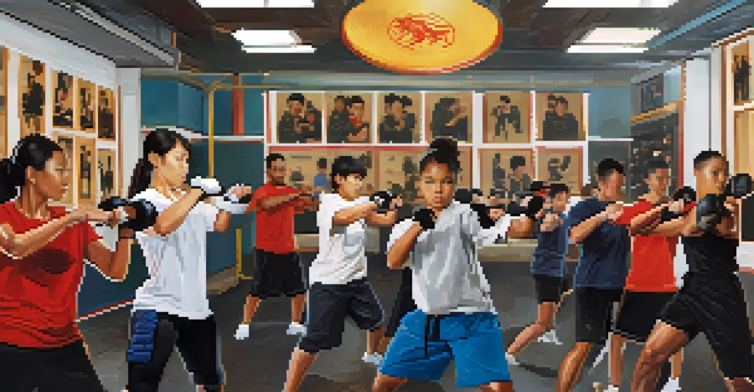 A diverse group of individuals practicing self-defense techniques in a brightly lit training room, showcasing determination and focus.