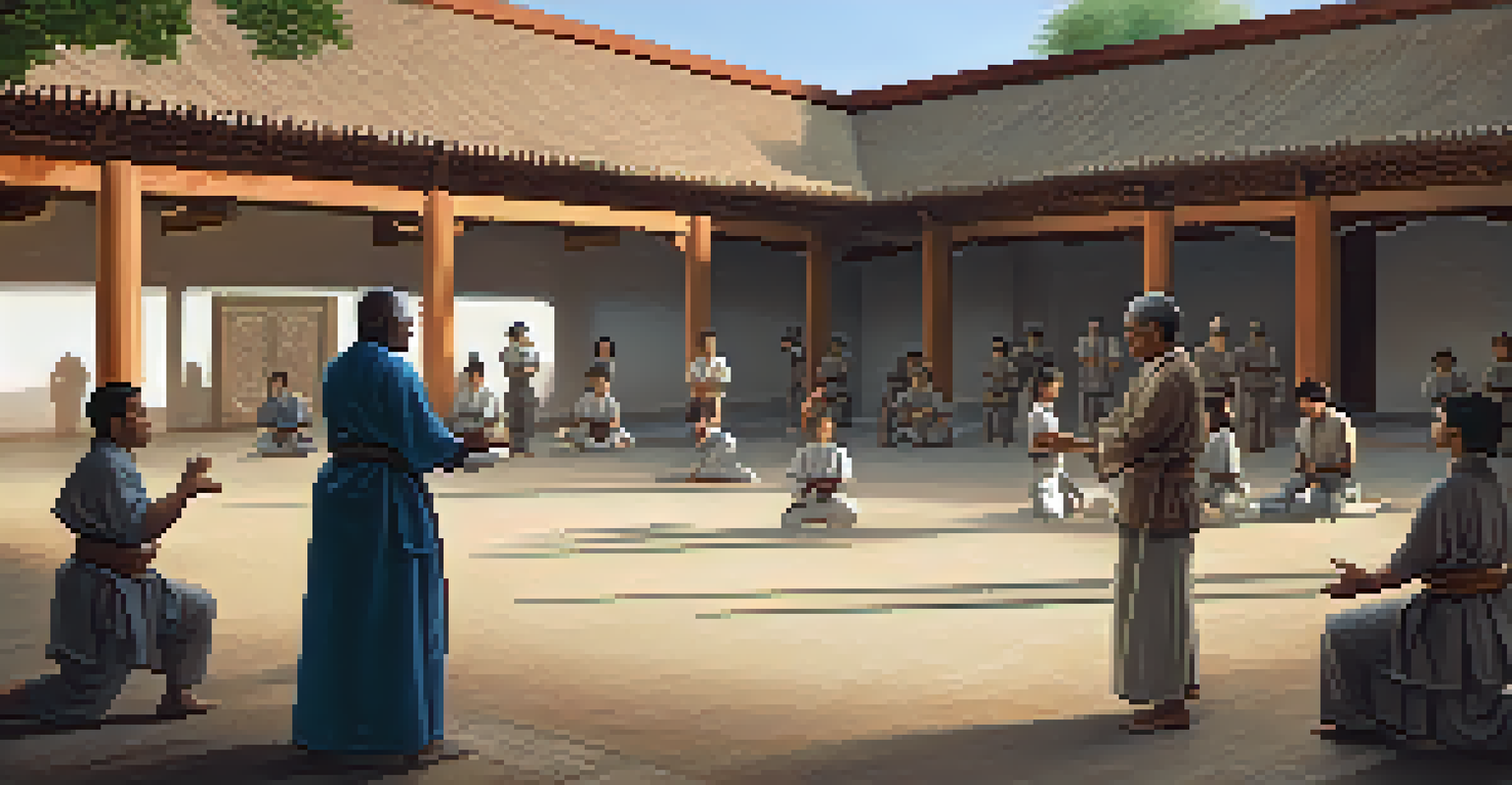 An elder instructing young adults on traditional self-defense techniques in a shaded courtyard, surrounded by beautiful traditional architecture and soft natural lighting.