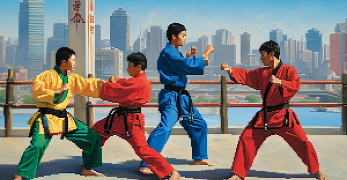 A diverse group of martial arts practitioners sparring outdoors with a cityscape in the background.