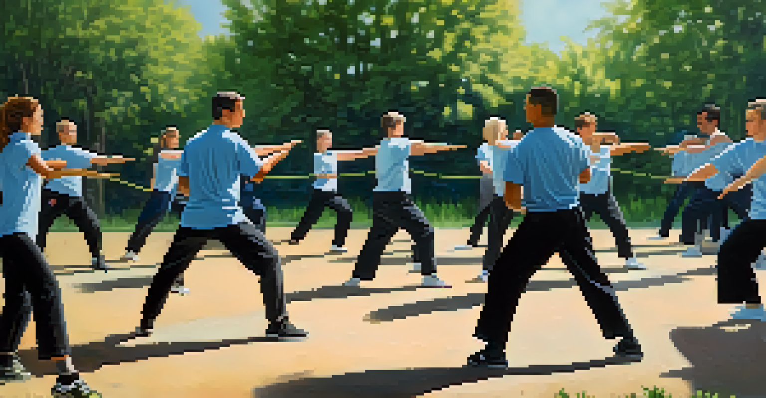 Participants practicing self-defense techniques outdoors under the guidance of an instructor in a vibrant setting.
