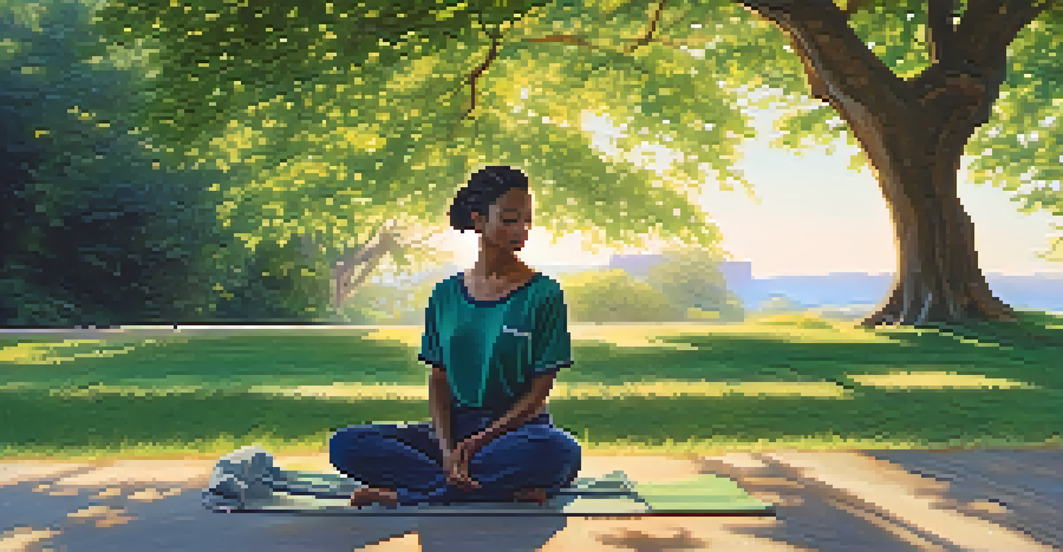 A person practicing deep breathing techniques under a tree during golden hour, surrounded by nature.
