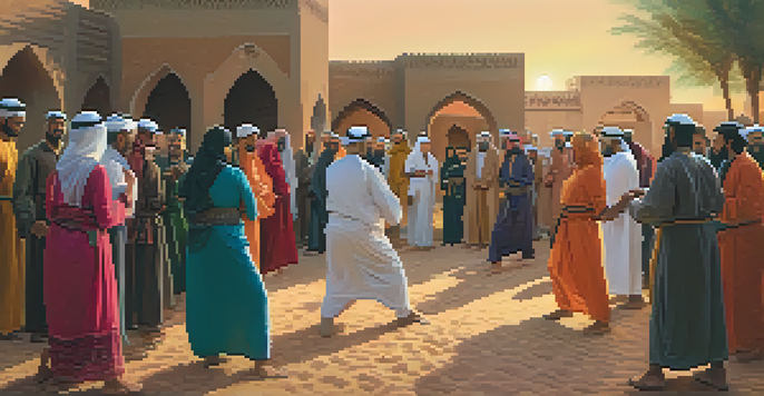 A lively community event in a Middle Eastern village where individuals of different ages are engaged in a self-defense workshop, highlighting their traditional clothing and the warm sunset ambiance.
