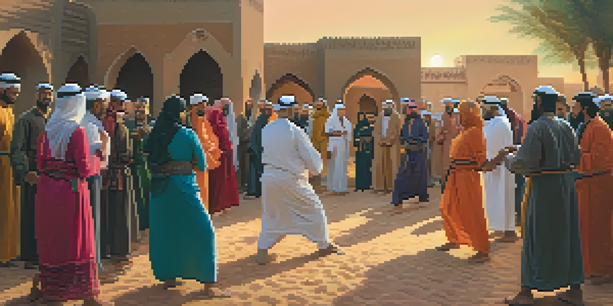 A lively community event in a Middle Eastern village where individuals of different ages are engaged in a self-defense workshop, highlighting their traditional clothing and the warm sunset ambiance.