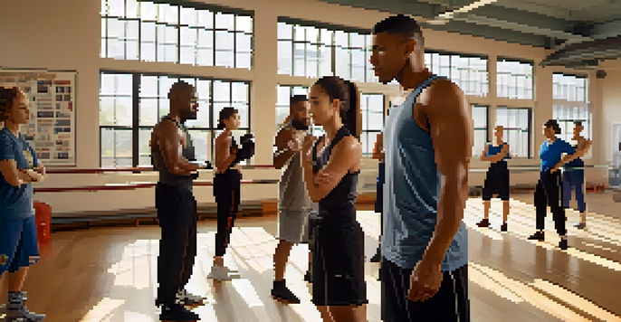 A diverse group of people practicing self-defense techniques in a bright gym, showcasing focus and engagement.