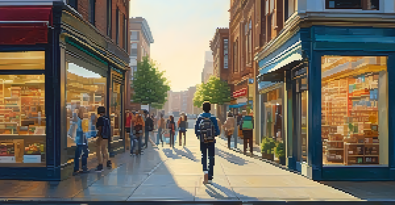 A student walking confidently on a busy urban street, looking around and being aware of their surroundings, with colorful shops in the background.