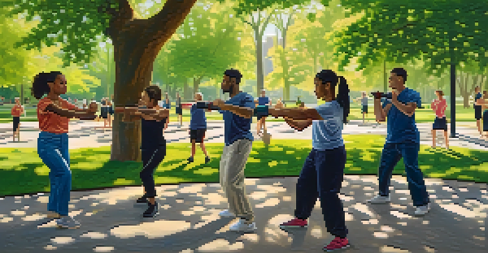 A vibrant urban park where people of different backgrounds practice self-defense together, surrounded by trees and sunlight.