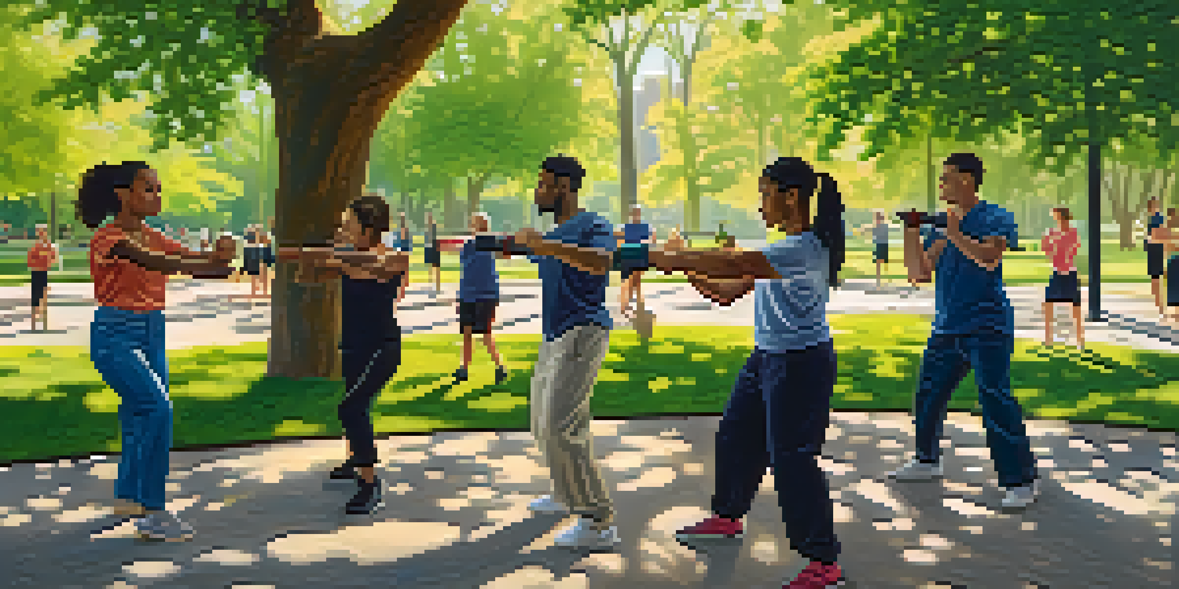 A vibrant urban park where people of different backgrounds practice self-defense together, surrounded by trees and sunlight.