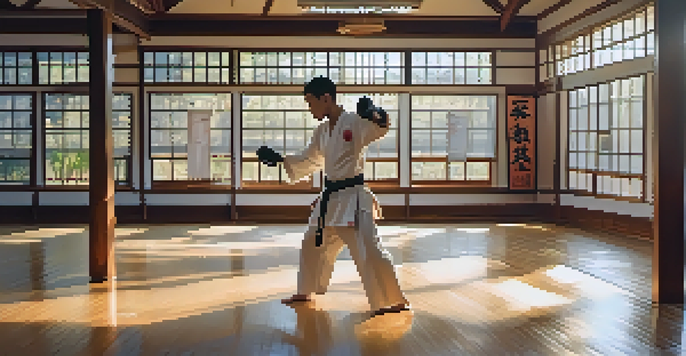 A person practicing self-defense in a dojo, wearing a martial arts uniform, with mirrors and motivational posters in the background.