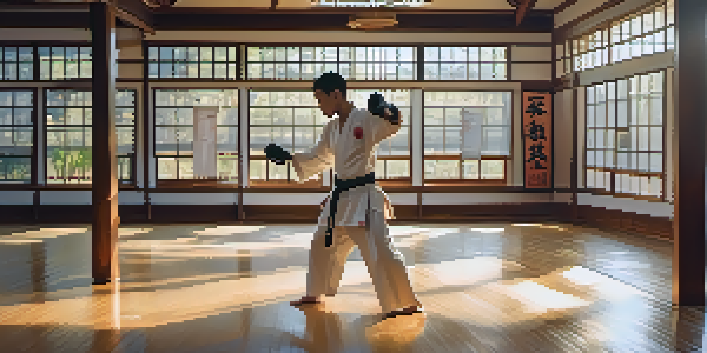 A person practicing self-defense in a dojo, wearing a martial arts uniform, with mirrors and motivational posters in the background.