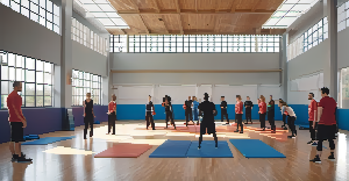 A diverse group of people practicing self-defense techniques in a bright gym, with an instructor guiding them.