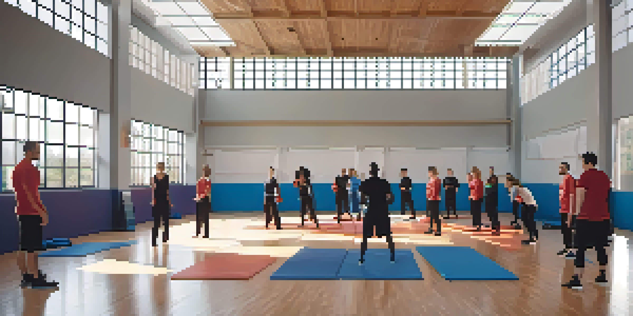 A diverse group of people practicing self-defense techniques in a bright gym, with an instructor guiding them.