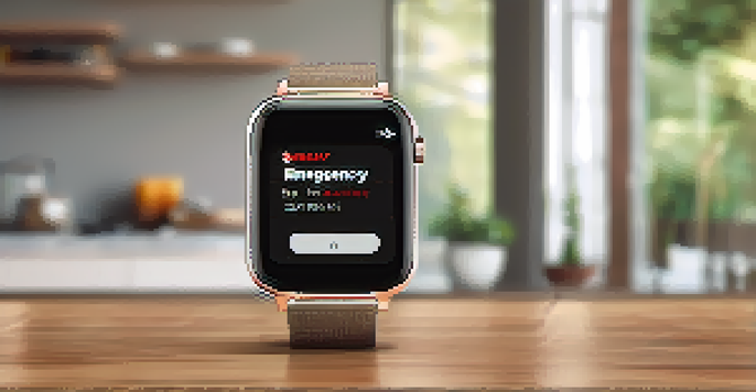 A smartwatch on a wooden table showing an emergency alert screen, set in a cozy home environment with soft lighting.