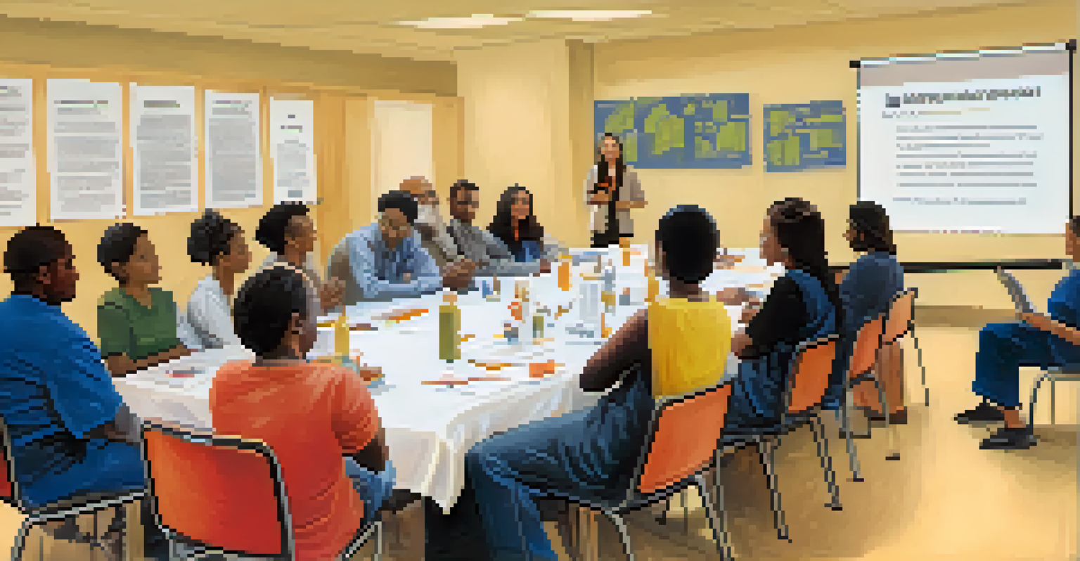 A diverse group of people participating in a bystander training program, engaging in discussions with a facilitator in a bright room filled with educational posters.