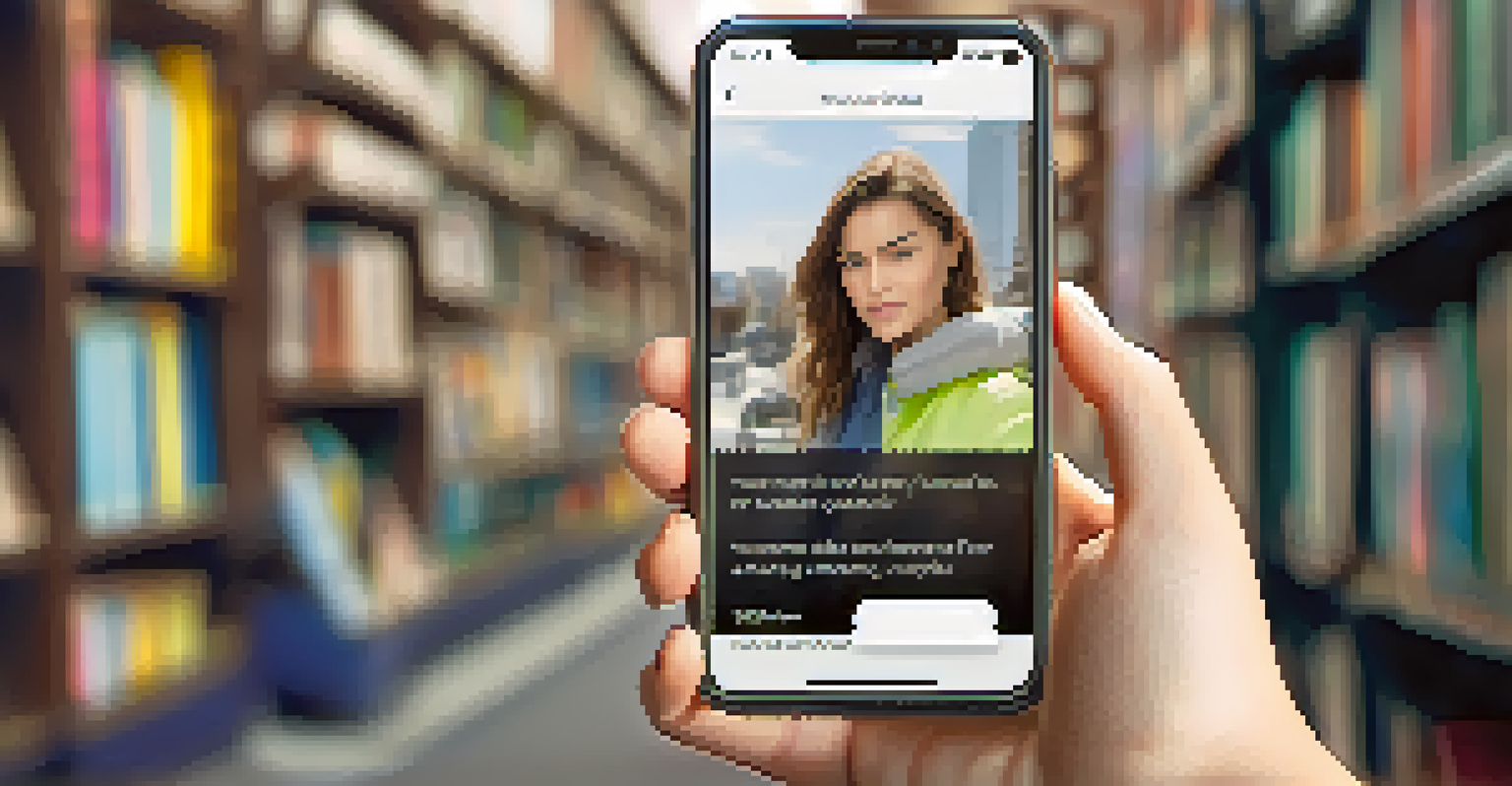 A close-up of a smartphone displaying a safety app interface, held by a young woman in a casual setting with books and a backpack around her.