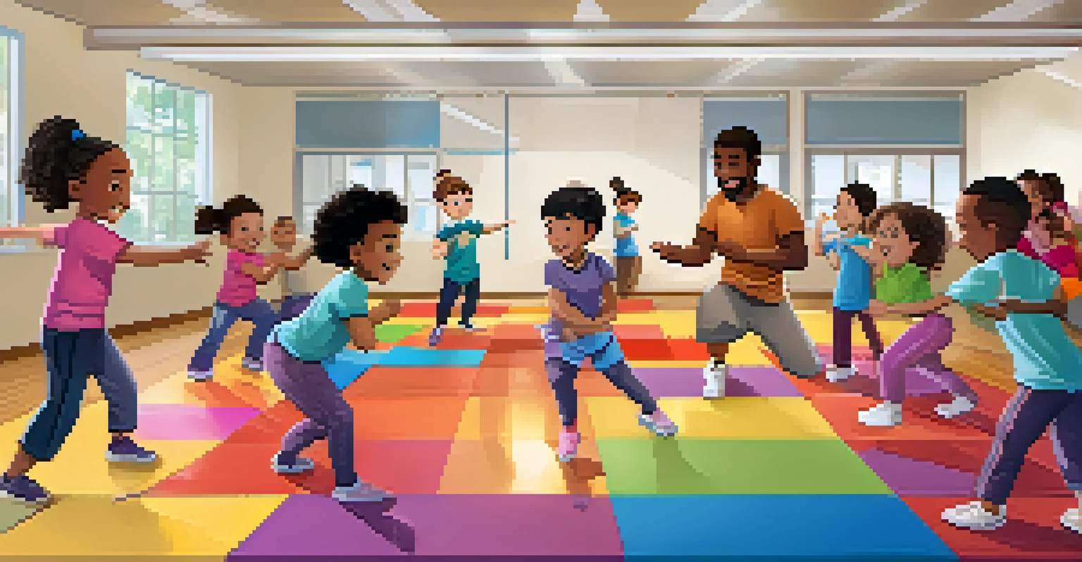 A group of children practicing self-defense techniques together in a colorful gym, guided by an enthusiastic instructor.