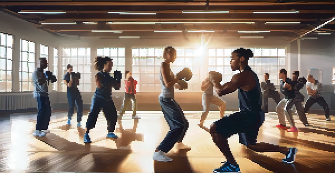 A diverse group of athletes practicing self-defense techniques in a gym, showcasing teamwork and focus.