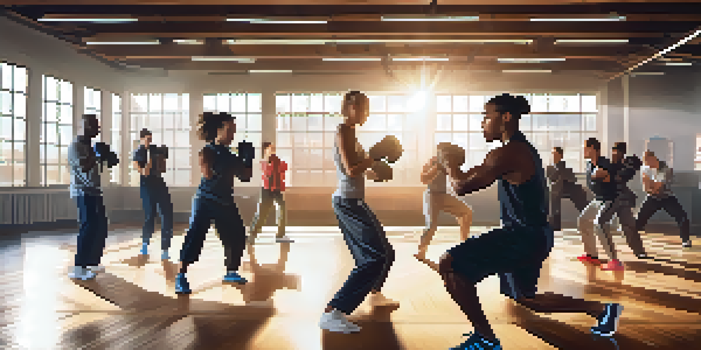 A diverse group of athletes practicing self-defense techniques in a gym, showcasing teamwork and focus.