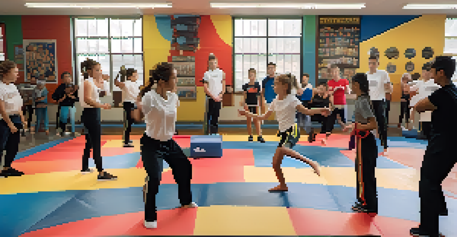 A self-defense instructor demonstrating a technique in a bright gym, with students observing attentively.