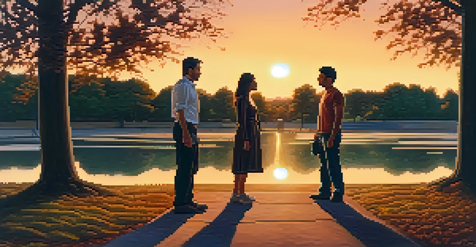 A tense confrontation between two individuals in a park during sunset, showcasing one person in a defensive stance.