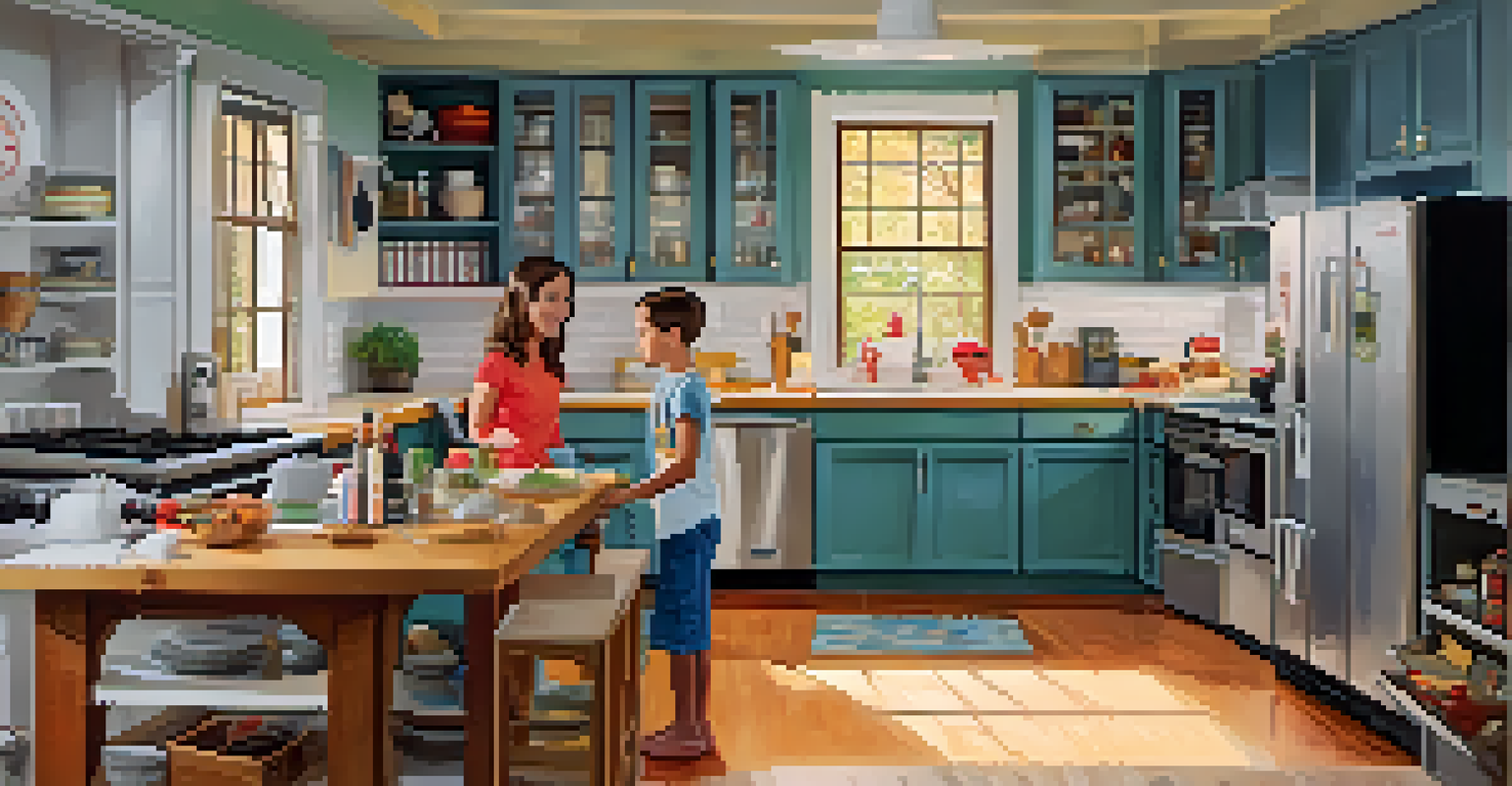 A well-organized kitchen with safety features, a parent supervising a child cooking, and a fire extinguisher visible.