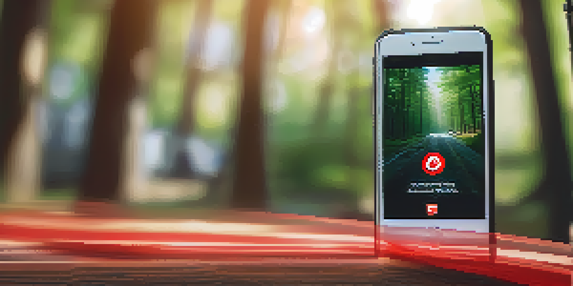 A close-up of a smartphone screen showing the Emergency SOS feature with a red emergency button, set against a blurred outdoor environment with soft sunlight.