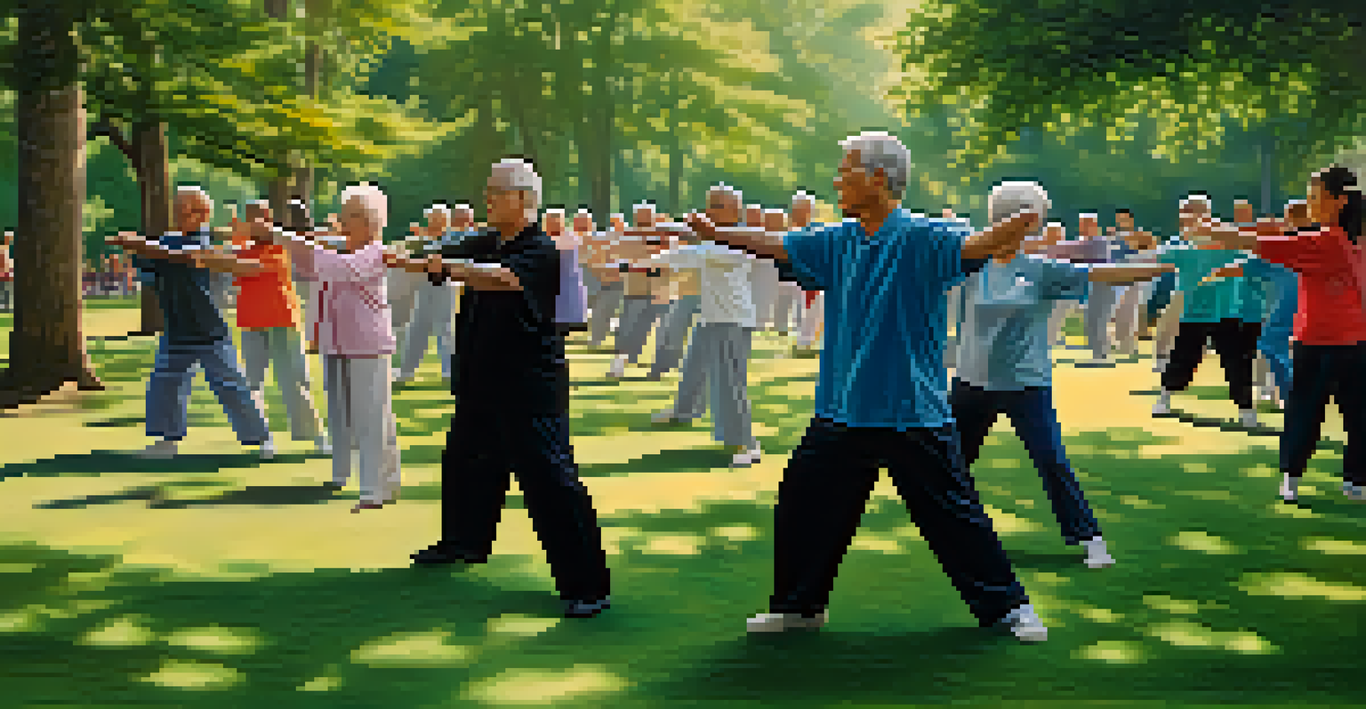 Seniors practicing tai chi in a serene park, demonstrating balance and flexibility as part of a self-defense workshop.