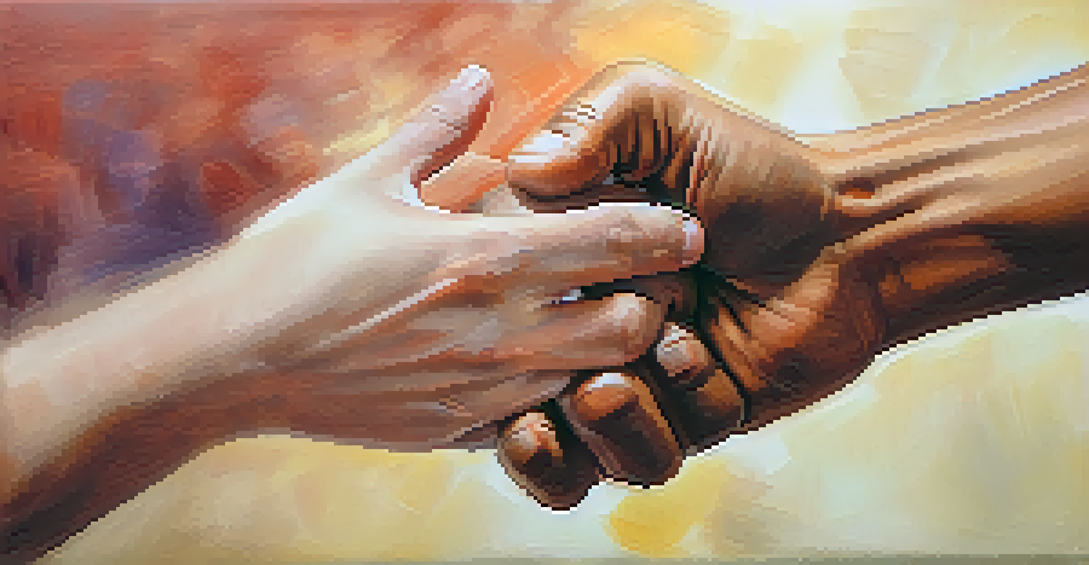 A close-up of two hands demonstrating a role-playing self-defense scenario, one hand gesturing calmly and the other in a defensive posture, with a blurred background.