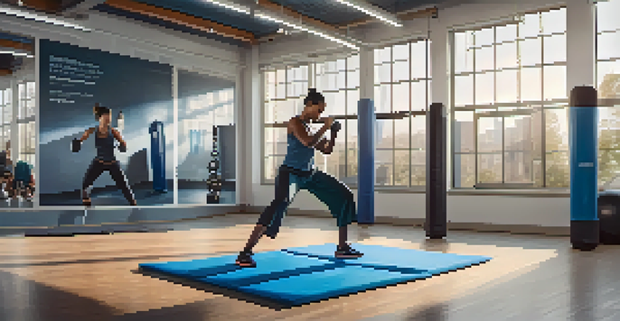 A person practicing self-defense in a gym, demonstrating a defensive stance on a mat, with fitness equipment in the background.