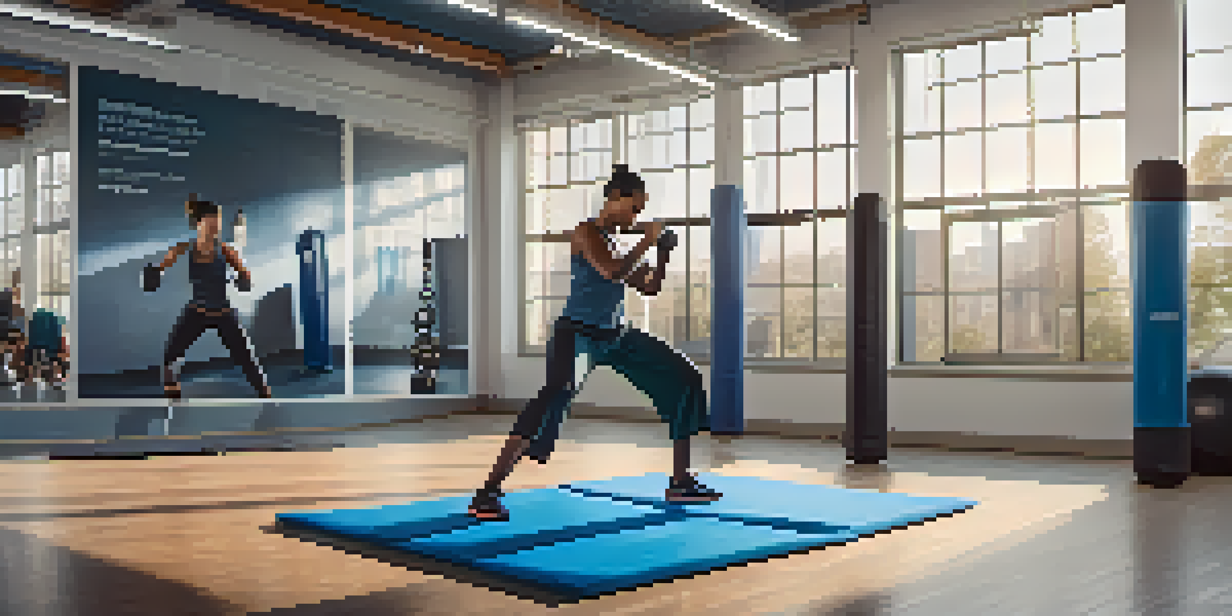 A person practicing self-defense in a gym, demonstrating a defensive stance on a mat, with fitness equipment in the background.