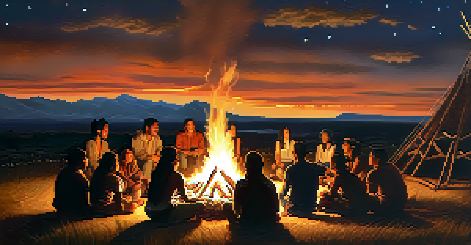Indigenous community members sharing stories around a bonfire at dusk, surrounded by traditional artifacts and a starry night sky.