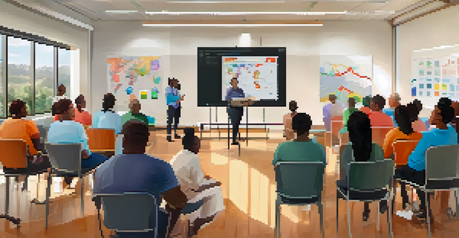 A diverse group of caregivers in a training session, attentively listening to a speaker in a bright community room.
