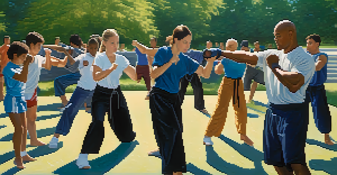 A diverse group of individuals engaged in self-defense training in a sunny park, showcasing techniques like shadow boxing and grappling, surrounded by greenery.