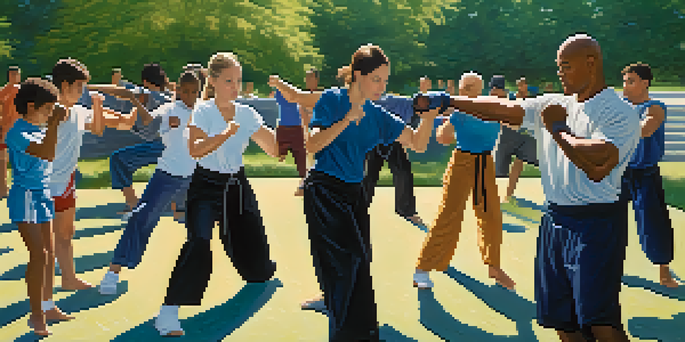 A diverse group of individuals engaged in self-defense training in a sunny park, showcasing techniques like shadow boxing and grappling, surrounded by greenery.