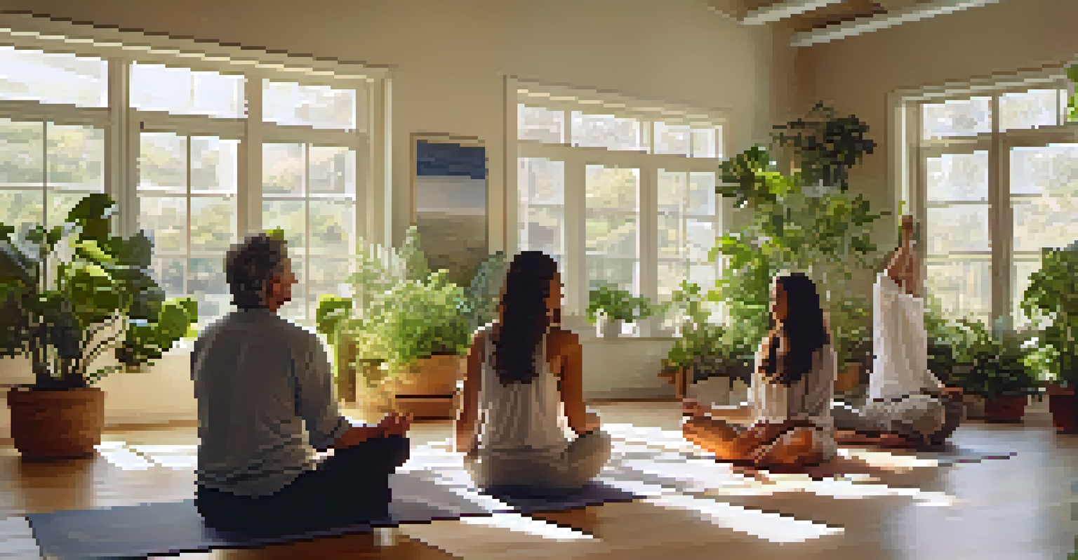 A group practicing mindfulness in a serene indoor setting, focusing on deep breathing and emotional balance.