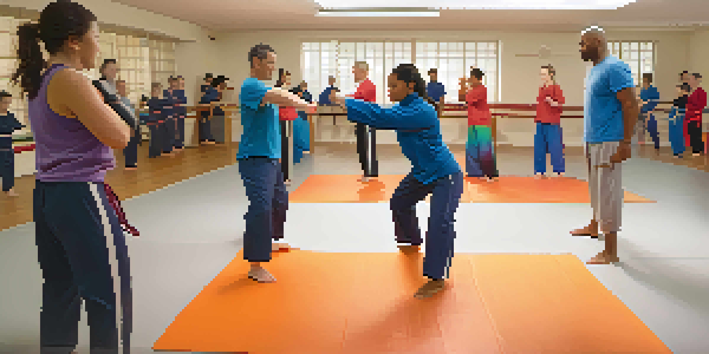 A diverse group of adults in a dojo practicing self defense techniques, showcasing focus and intensity.