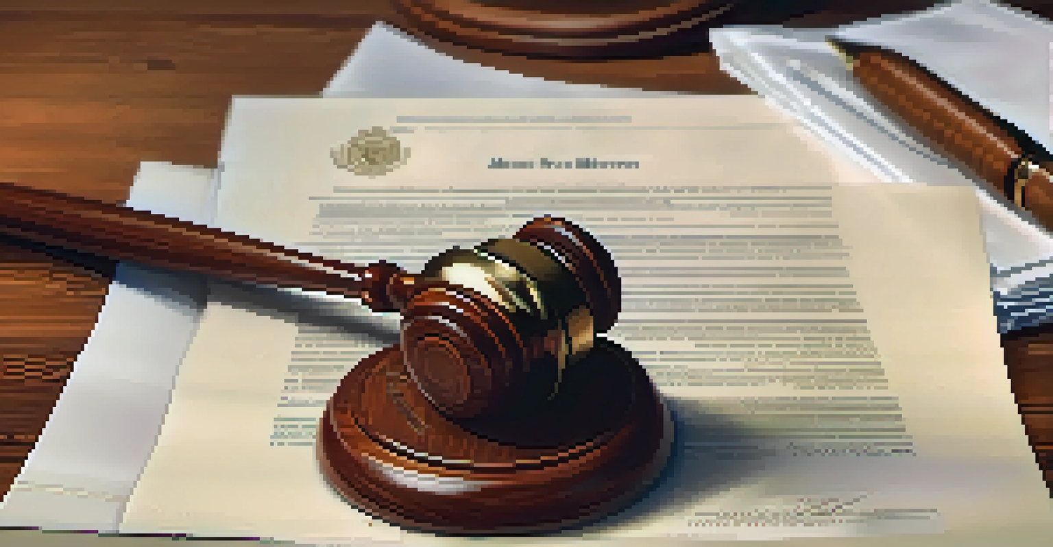 A close-up of a legal document and pen on a wooden desk with a gavel blurred in the background.
