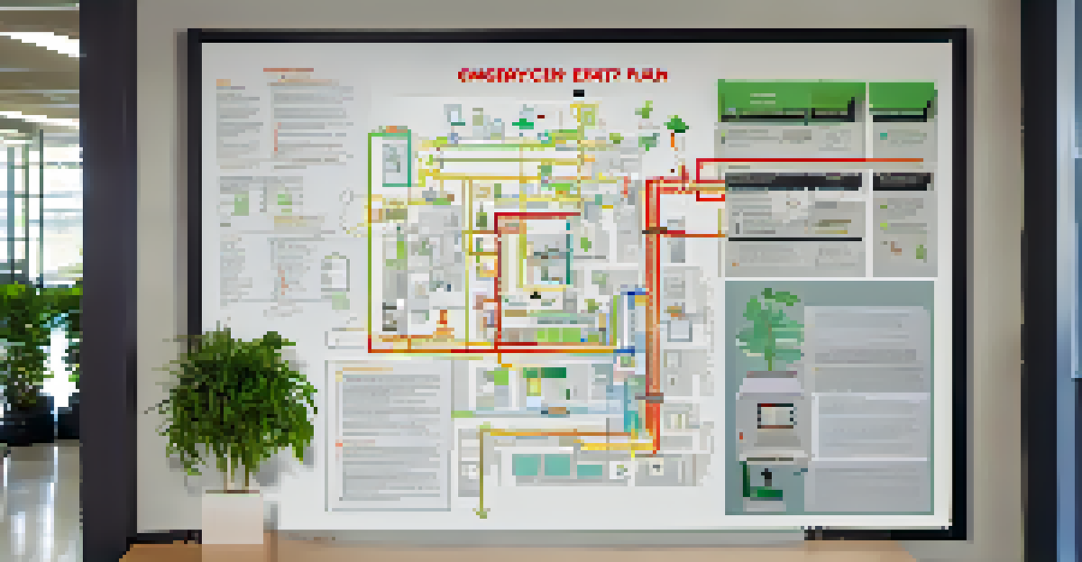 A detailed emergency exit plan poster on a wall in a bright corporate office, with diagrams and safety routes.