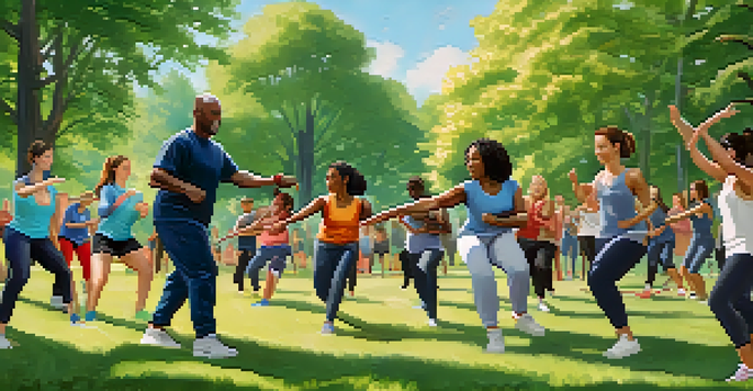 A diverse group of people practicing self-defense techniques in a sunny park, showing community engagement and support.